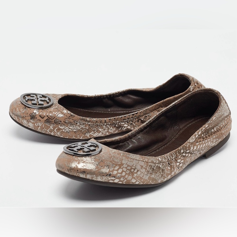 TORY BURCH Minnie Reva Flat Metallic Silver Heidi Ballet Logo Leather Shoe 8.5